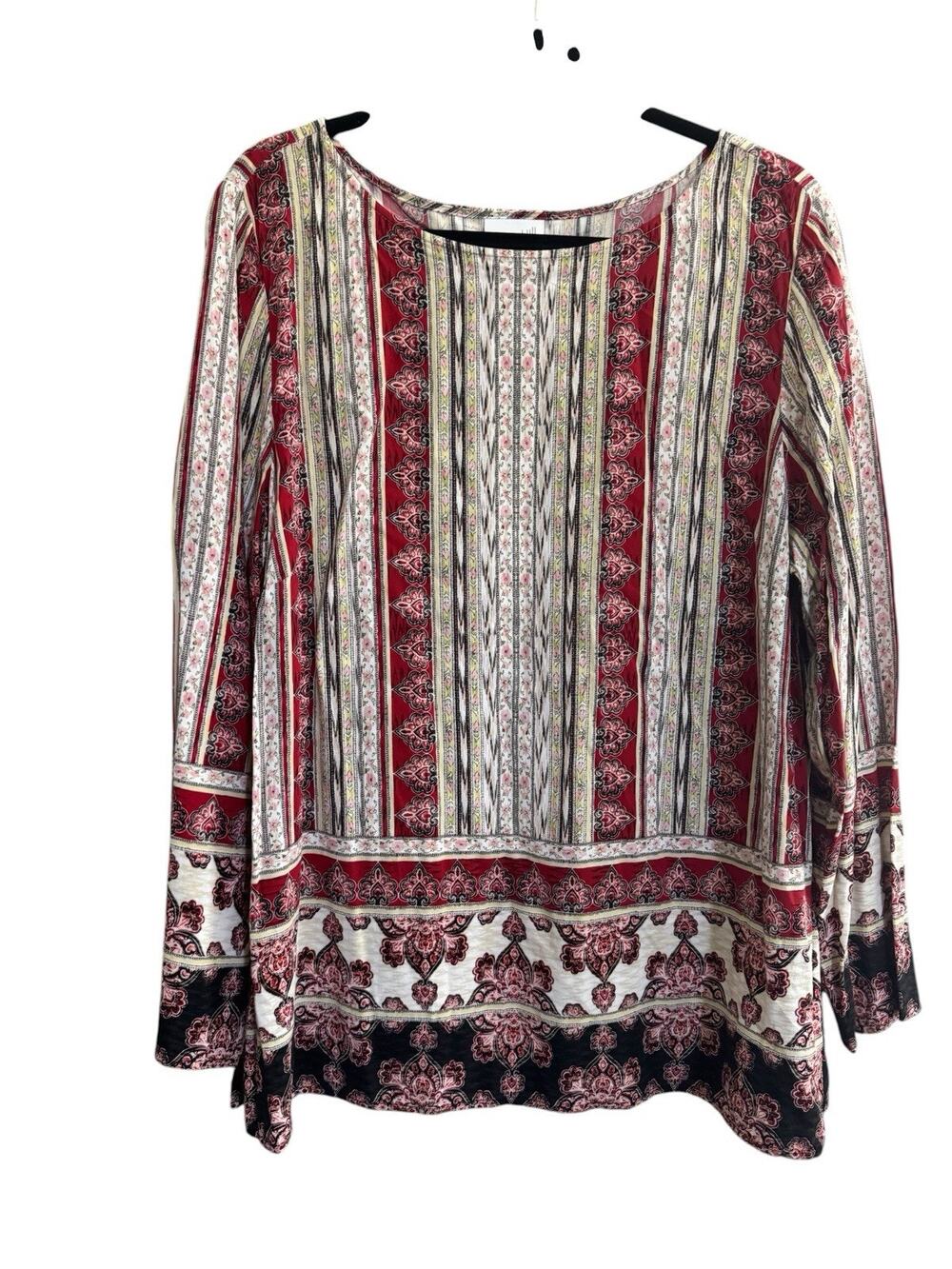 J Jill Red Multi Top Tunic Blouse XL Stripe Floral Long Sleeve Boho Rayon #7133